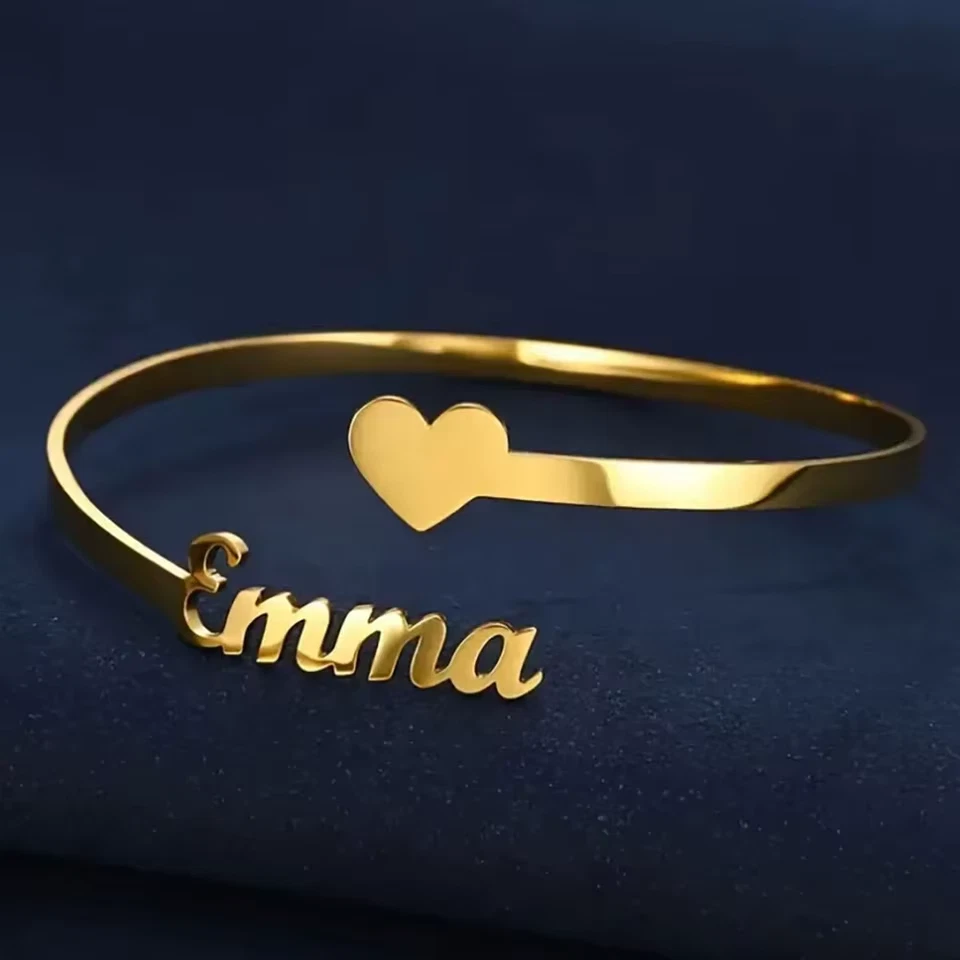Custom Name Adjustable Cuff Bangle Bracelet Jewelry Heart Women Stainless Steel - Image 3 of 4
