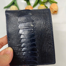 Real Navy Blue Ostrich Leg Leather Bifold Wallet Cardholder Men Wallet Handmade