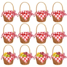 12 Pcs Mini Woven Baskets with Handles 20 Red Gingham Napkins 32.8ft Ribbon M...