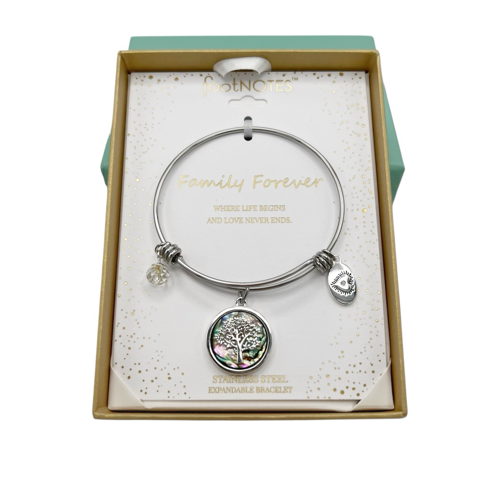 Footnotes Family Forever Tree Stainless Steel Silver Tone Bangle Charm Bracelet
