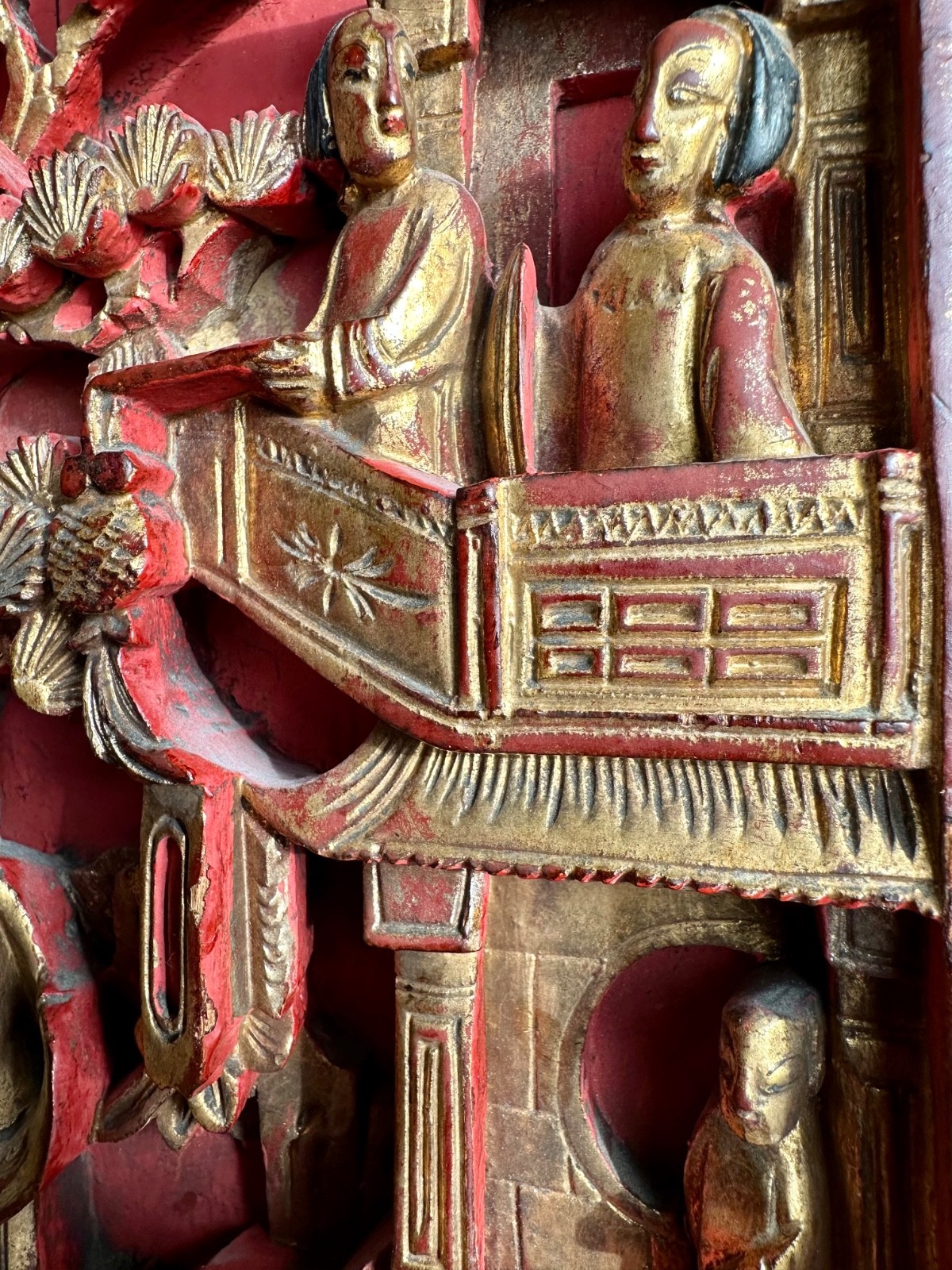 2 Antique Chinese Red & Gilt Wooden Deep Carved Panel Wood 19th Century