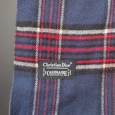 Vintage Christian Dior Scarf Cashmaire 11 x 48" Made in Japan Navy Red Plaid