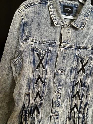 Forever 21 men’s  Blue Denim Jacket Lace-Up Sides Button Front Pockets  image 3