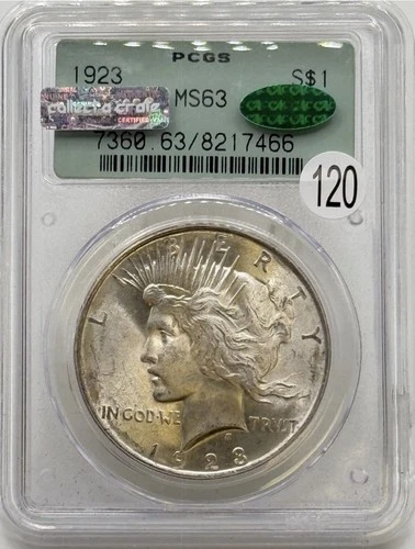 1923 Peace Dollar PCGS MS63 OGH AND CAC Nice Eye Appeal
