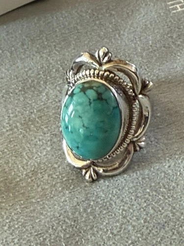 Vintage Genuine Turquoise Ring in 925 silver, Nepal, SZ 7 3/4