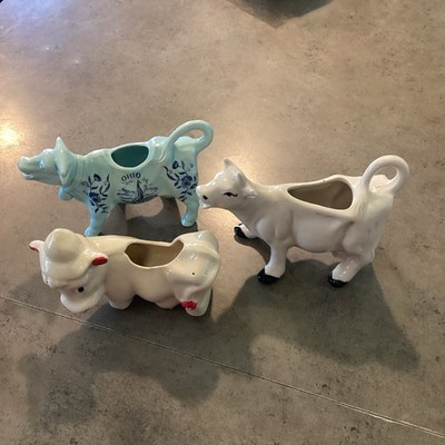 Lot Of 3 Vtg. Cow Pitchers & Planter, Blue Ohio Buckeye ,Mini Planter, See Pic