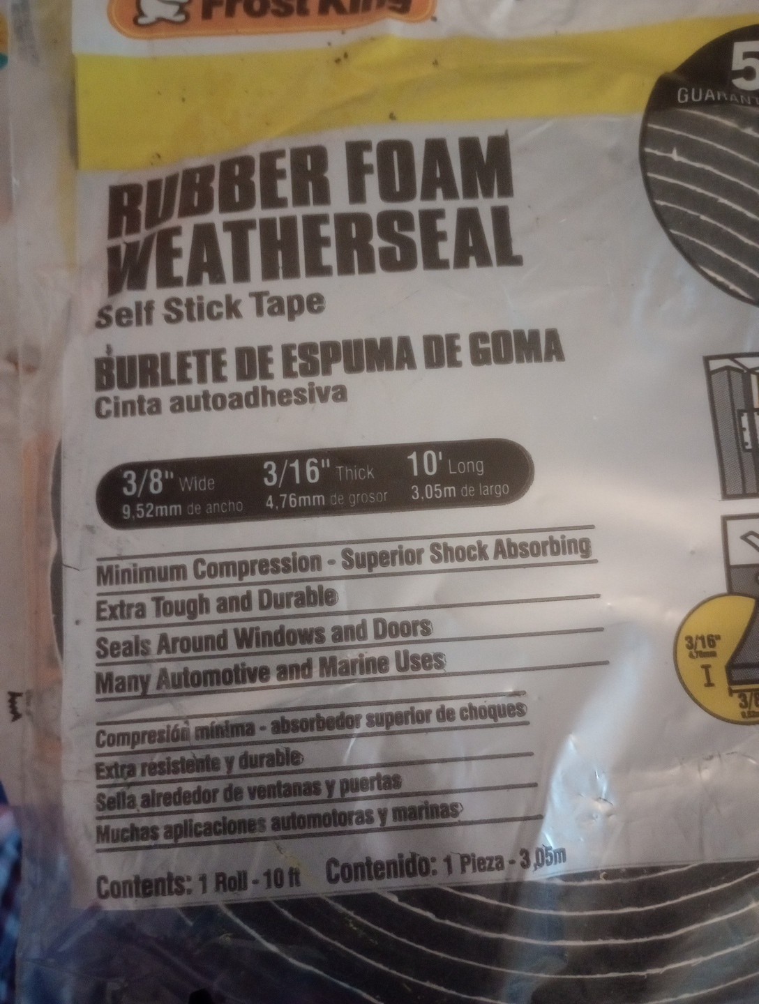 FROST KING R338H Weather Seal,Rubber Foam, Black, 10 ft L 43Y812