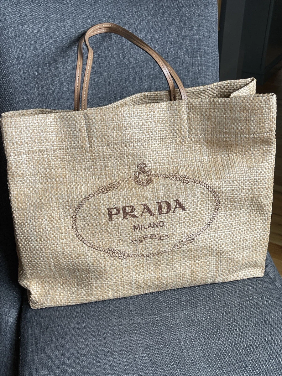 Shop Prada Raffia And Leather Tote Bag