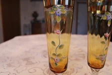 Bohemian Gold Gilt & Enamel Amber Crystal Champagne Flute Set Of 2 Glasses