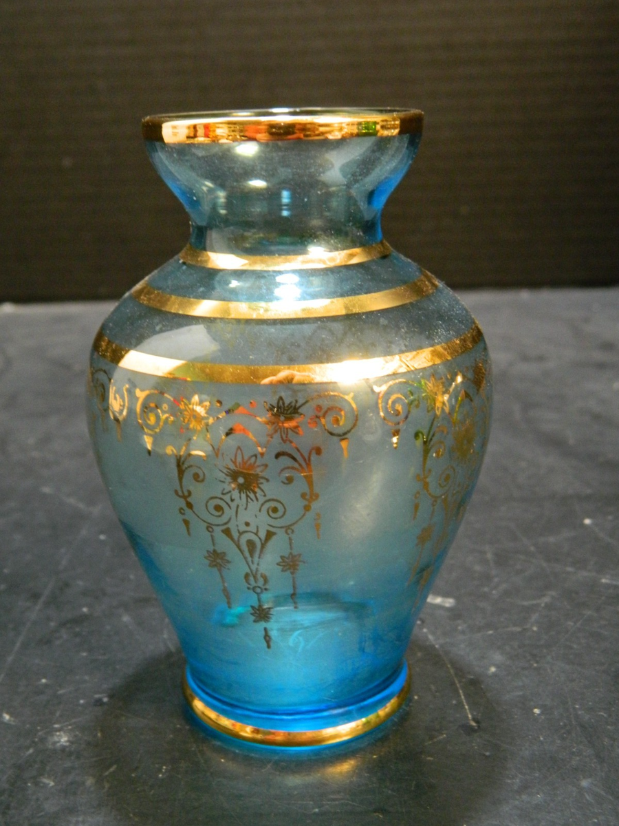 Vintage Vecchia Murano Art Glass Light Blue Vase 24k Gold Trim