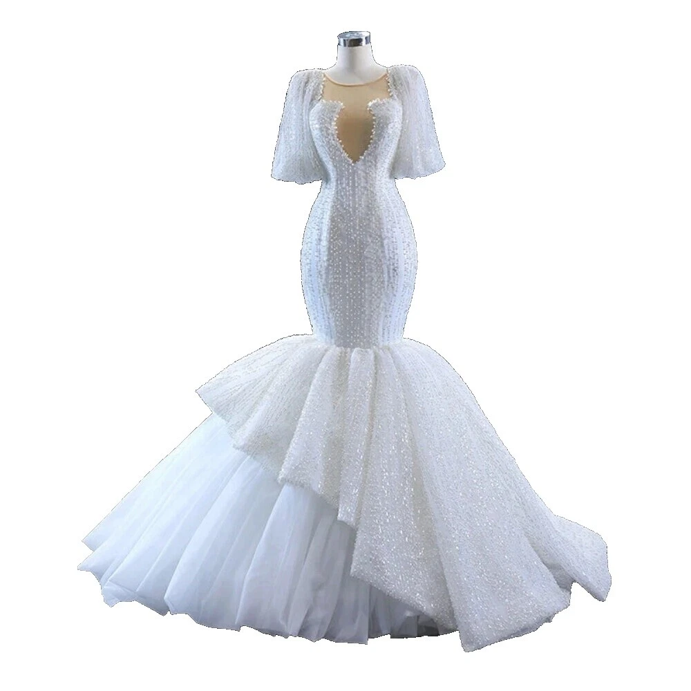 Оборки, русалка и труба, короткий рукав, свадебные платья