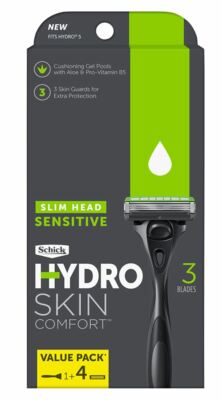 New Schick Hydro Skin Comfort Razor Slim Head Sensitive + 4 Cartridges, 3 Blades