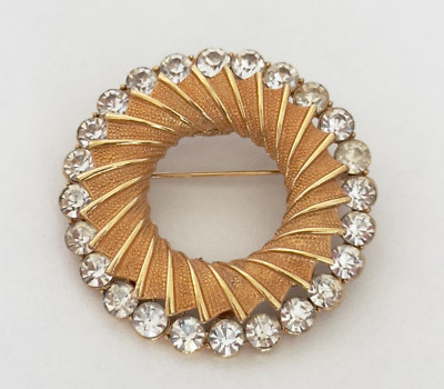 Vintage BSK Designer Signed Clear Rhinestone Gold Tone Round Open Circle Brooch