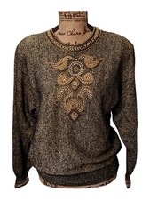 Vintage Kroshetta Beaded Bird Sweater Metallic Gold Black Shoulder Pads M/L