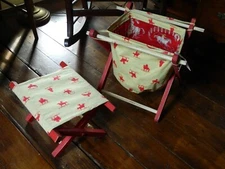 New Matching Folding Wood Frame Sewing Yarn Caddy & Foot Stool Set Cowboy Fabric