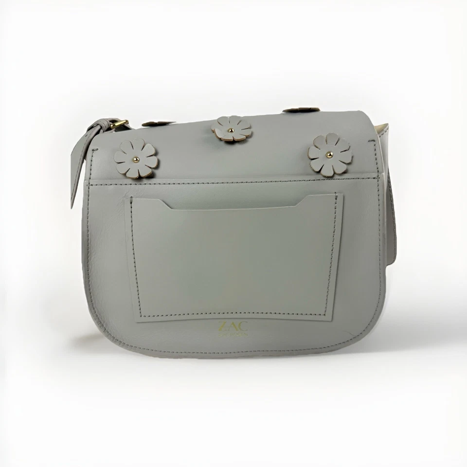 Zac Posen Eartha Saddle Crossbody Bag Floral Appliqué Gray Leather - Image 3 of 4