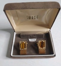 Vintage SWANK Square Oval Tigers Eye Cufflink Set Gold Tone w/ Original Box