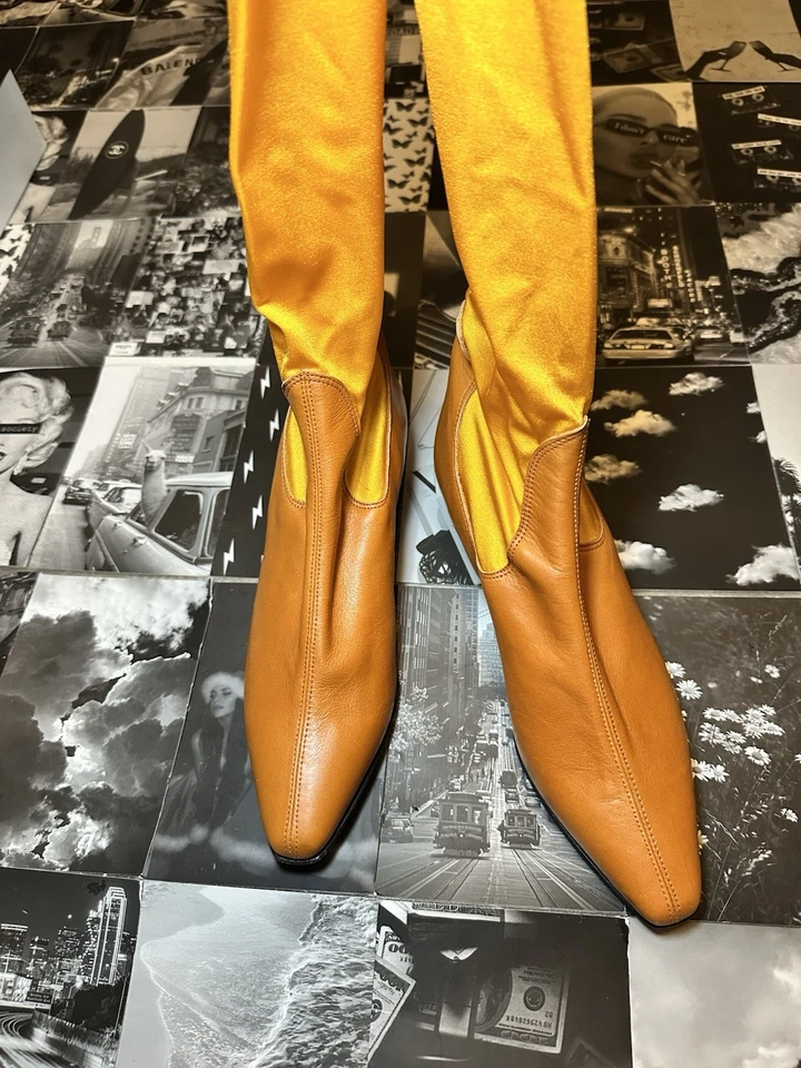 Vtg 90s Charles David Italian Leather Yellow Stretch OTK Boots Sz 6B w Box Retro - Image 3 of 4