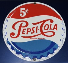 Pepsi-Cola 8" Porcelain Enameled Sign Vintage Bottle Cap