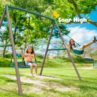 500lb Heavy Duty 7.5ft Tall Frame Metal Swing Set Kids Adult Backyard w/2 Swings