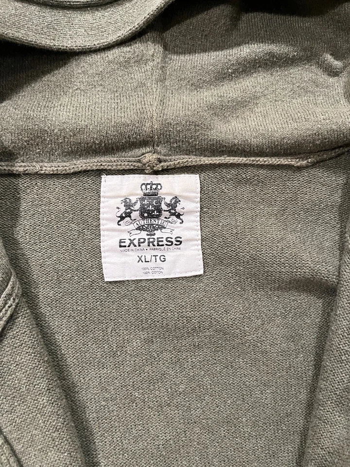 Mens Express XL Button-Up Sweater W/ Hood Olive Green. Used. 4-pockets on front - Image 3 of 4