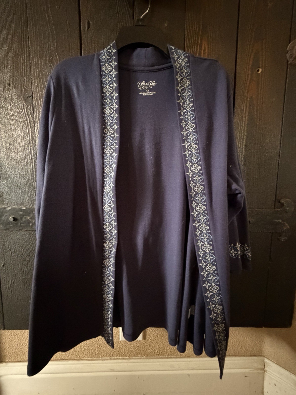 Cardigan Blue Open Front Size 1X 3/4 Sleeve Cotton Blend Ultra Softs Casual 147-image