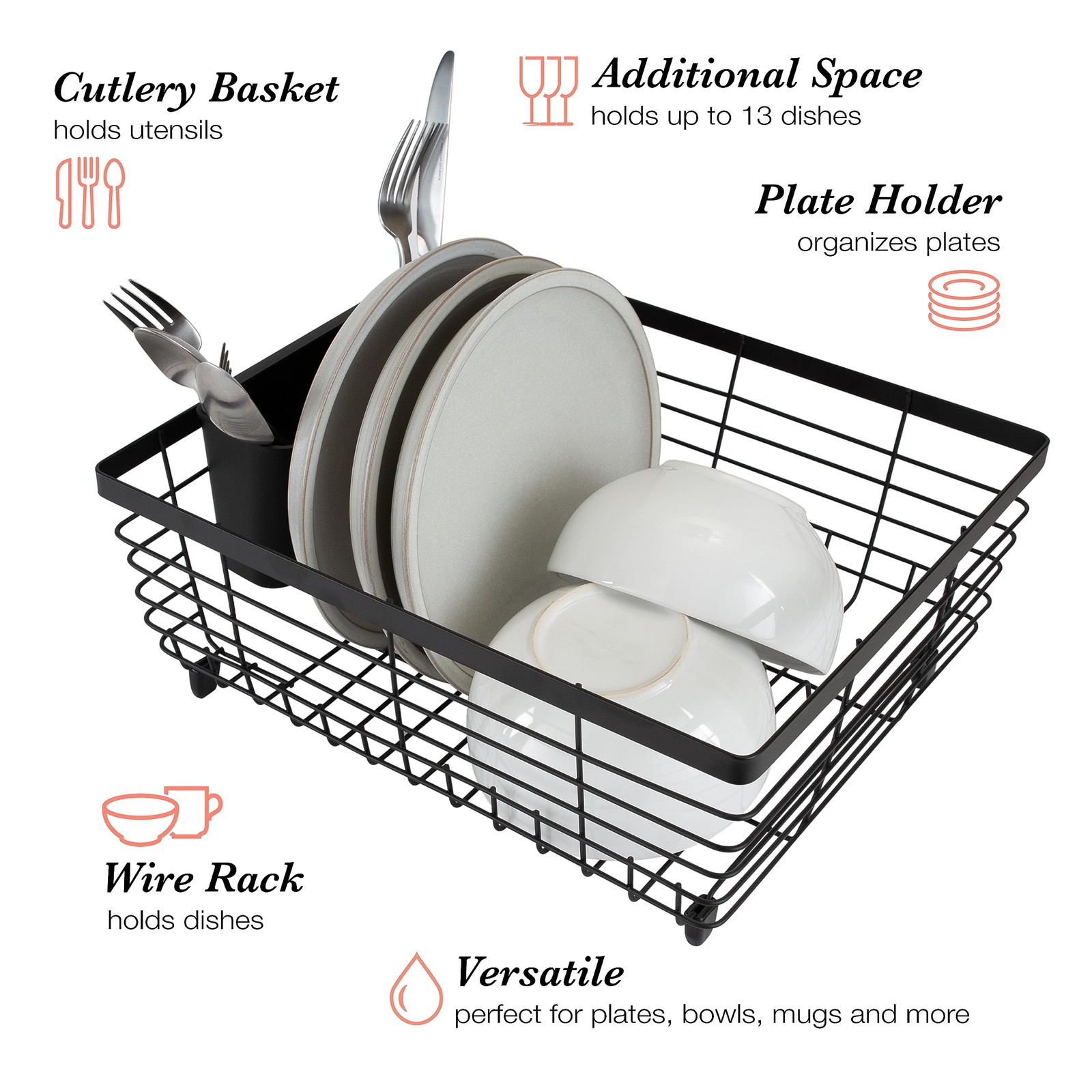 Kitchen Details Flat Wire Dish Drying Rack with Cutlery Basket Black
