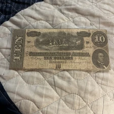1864 Confederate States of America $10 Bill – T-68 Richmond Note – Civil War Cur