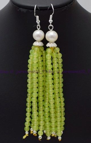Natural New 4mm Apple Green Peridot Gems Beads Tassel 925 Silver Hook Earrings - Picture 10 of 12