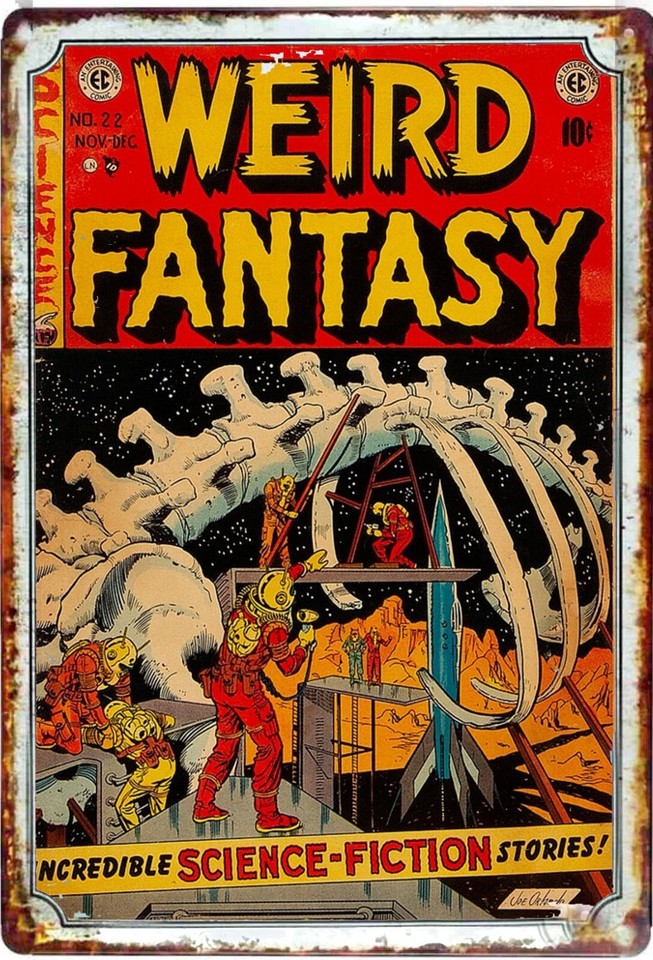 A visually wild T-Rex sci-fi comic book cover reimagined as a metal tin sign — weird, bold, and wall-ready conversation starter.