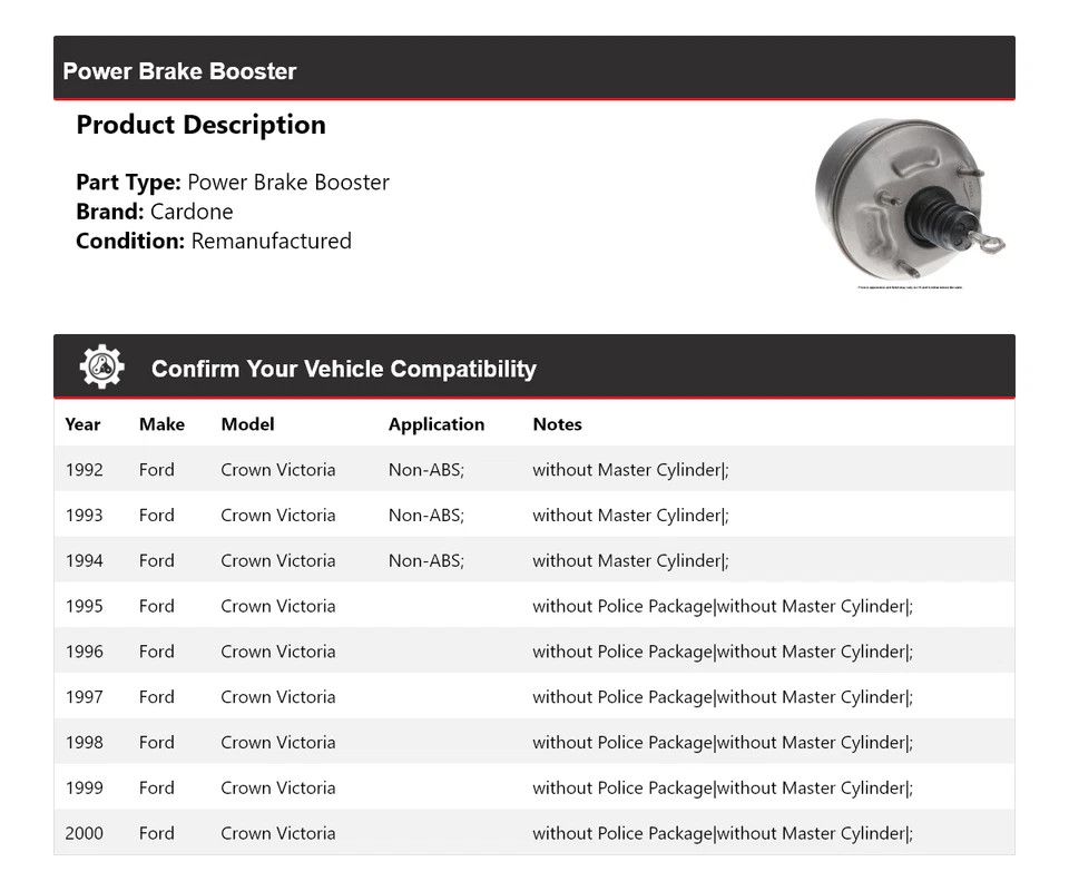 For 1992-2000 Ford Crown Victoria Power Brake Booster Cardone 1993 1994 1995 - Image 2 of 4