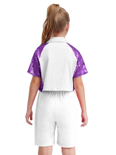 Girls Shiny Sequins Patchwork Crop Top T-shirt Hip Hop Jazz Dance Skateboarding - Picture 49 of 62