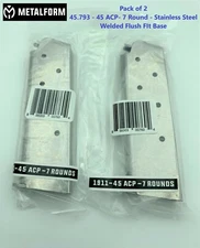 1911 Magazine 2 Pack 7 Round SS .45 ACP Auto Fits Colt Kimber  45.793 FLUSH Mag 