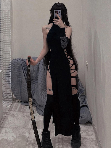 Goth Dark Cosplay HighSplit Sexy Bandage Women Dresses Gothic Halter Slim  Dress