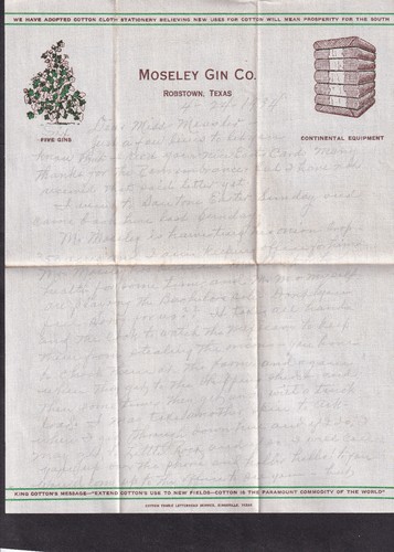 1934 cotton fabric letter Moseley Gin Co Robstown Texas to Miss Measler
