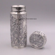 Solid S999 Fine Silver Vacuum Drinking Cup Bloom Flowers Water Bottle 6.7in