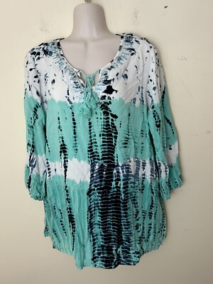 Dress Barn Women s BOHO Blue Aqua Tie Dye Shirt Tunic Tassels Plus Size L