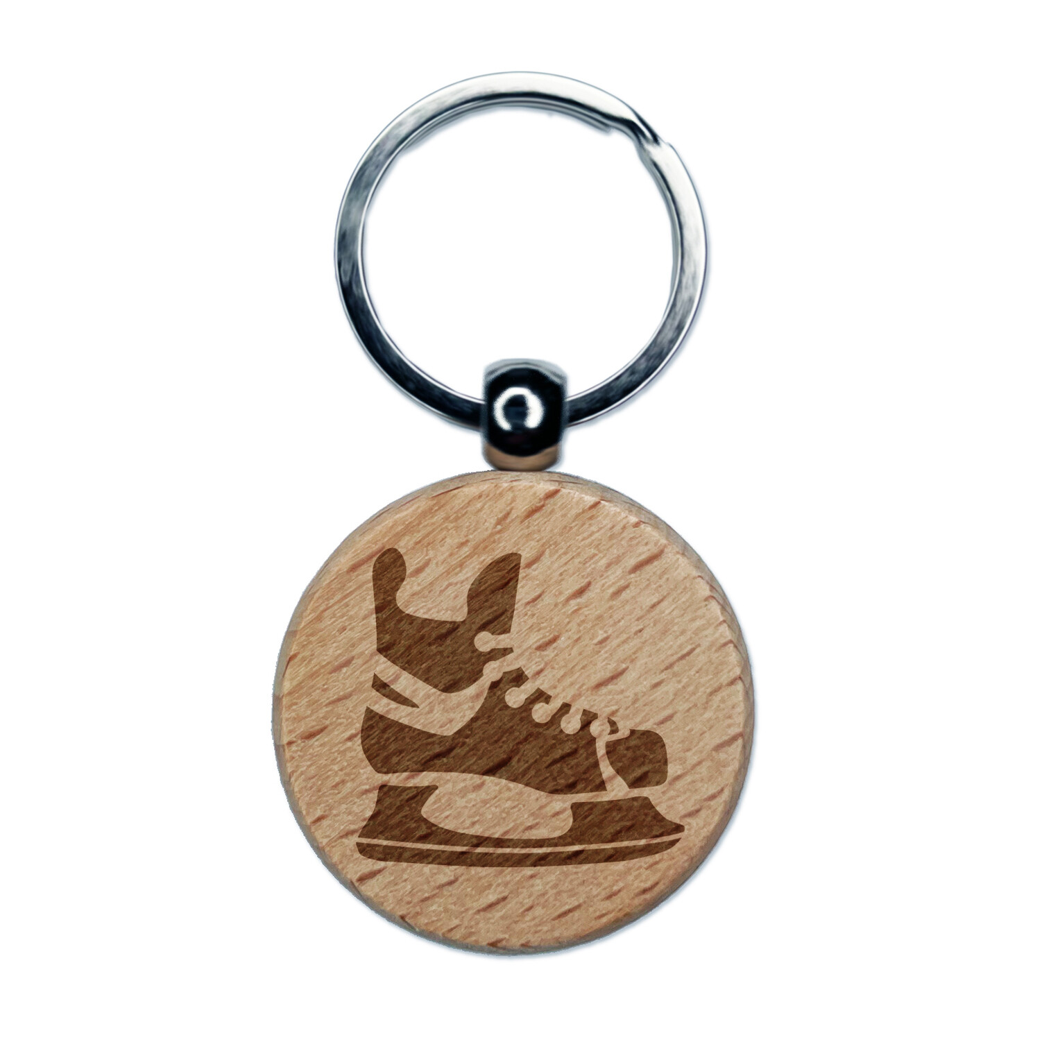 Hockey Ice Skates Skating Blades Engraved Wood Round Keychain Tag Charm