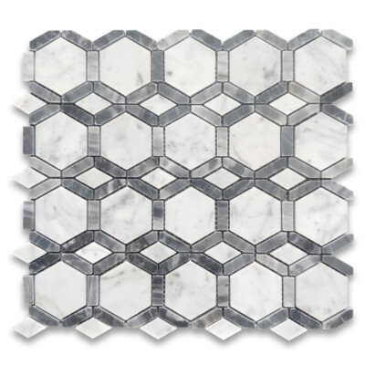 C32J7XP Carrara White Bardiglio Gray Marble Hollywood Hexagon Mosaic Tile