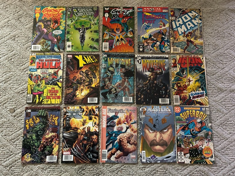 Marvel DC Comic Book Lot 15 Hulk Spiderman Wolverine Iron Man XMen MOTU Superboy
