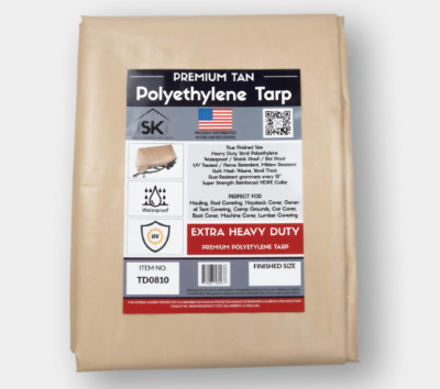 TAN PREMIUM 16 MIL REINFORCED EXTREME HEAVY DUTY POLY TARP TRUE FINISHED SIZE