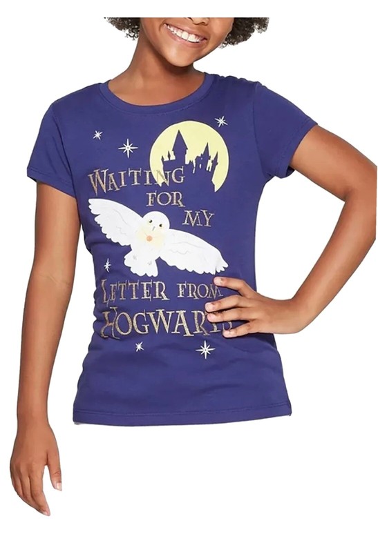 Harry Potter Girls "Waiting For My Letter From Hogwarts" T-Shirt Hedwig Navy L