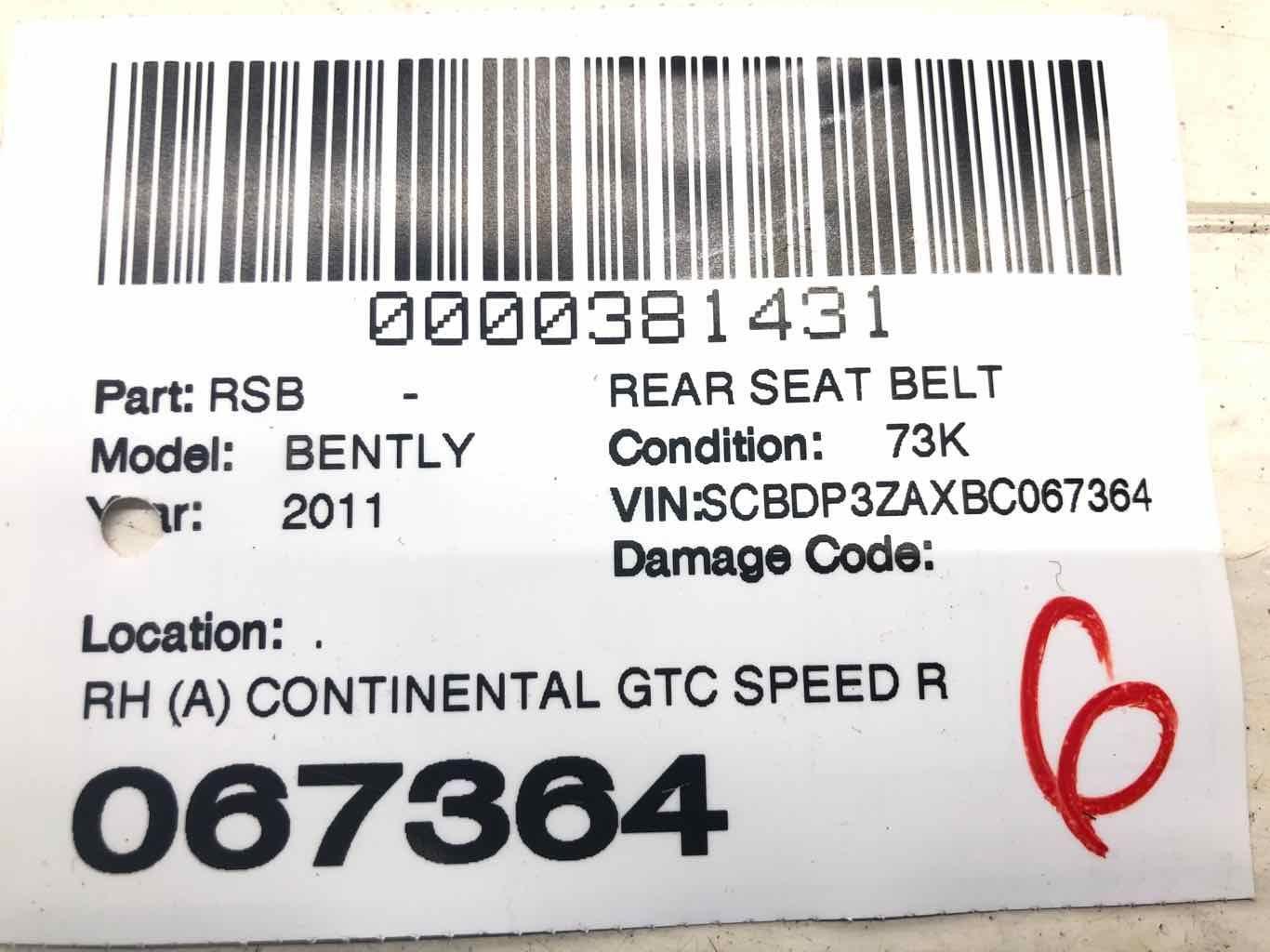 2011 BENTLEY CONTINENTAL GTC SPEED REAR RIGHT SEAT BELT RETRACTOR 3W7857805HCP