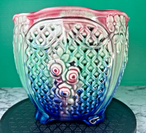 McCoy Pottery Lattice Blackberry Planter Pink Green Blue Majolica Glaze 7" Pot