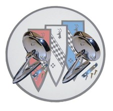 1963-1967 Buick Chrome Outside Rear View Mirror Kits. Tri-shield Whardware Pair