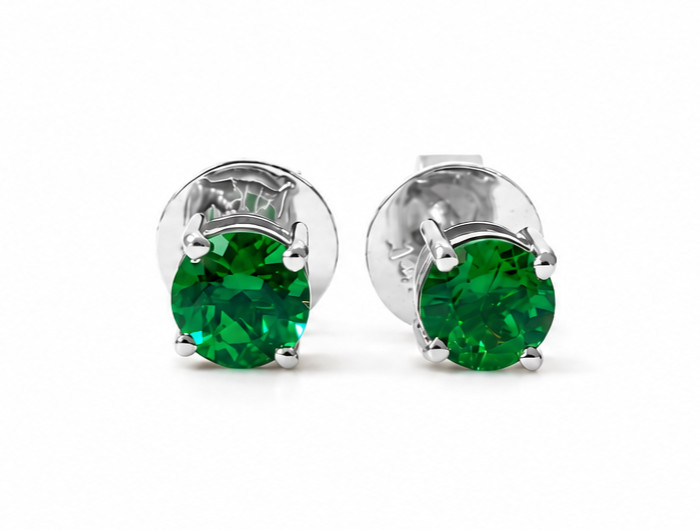 925 Sterling Silver Round Lab Grown Emerald Gemstone Stud Earrings