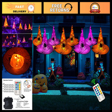Lighted Hanging Witch Hats 8 Pcs Set with 16 FT String Lights, 8 Modes, Hallowee