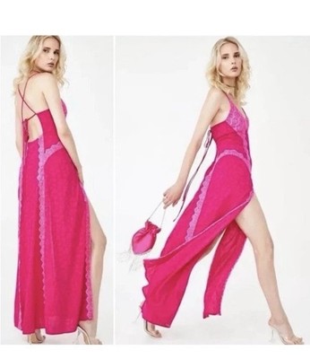 For Love & Lemons Kristie Lace Double Slit Hot Pink Maxi Slip Dress Sz Med NEW