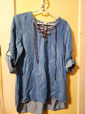 KAREN by karen kane Blue Denim Lace-Up V-Neck Roll Tab Tunic Blouse L