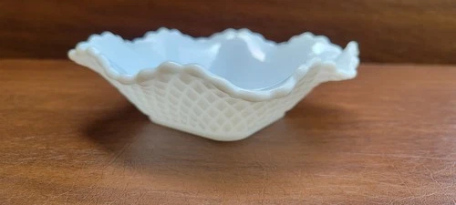 Vintage White Milk Glass Candy Dish Ruffled Edge Diamond Cross Hatch Pattern